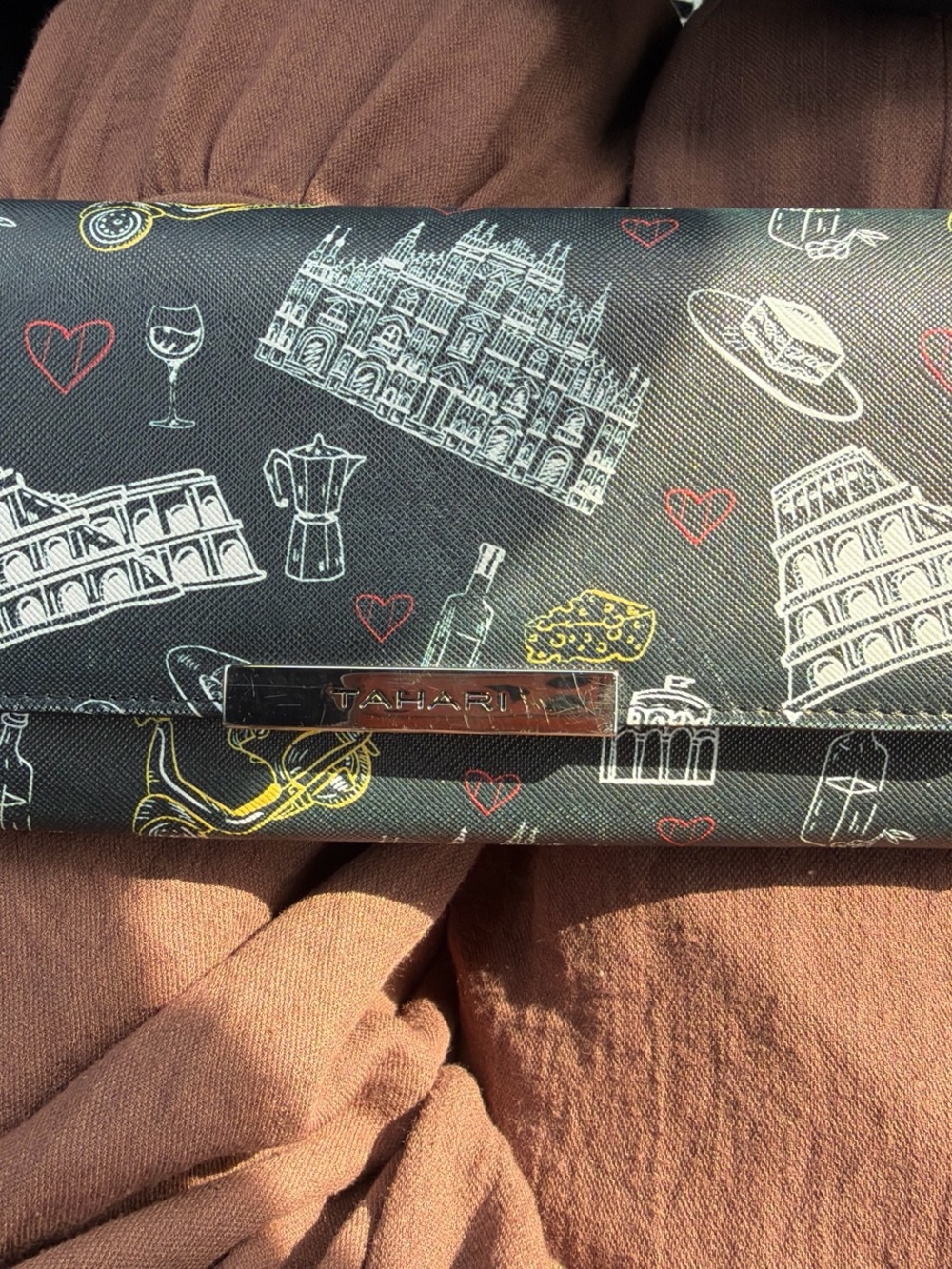 Tahari Black Travel-Print Men's Wallet with Multicolor Accents